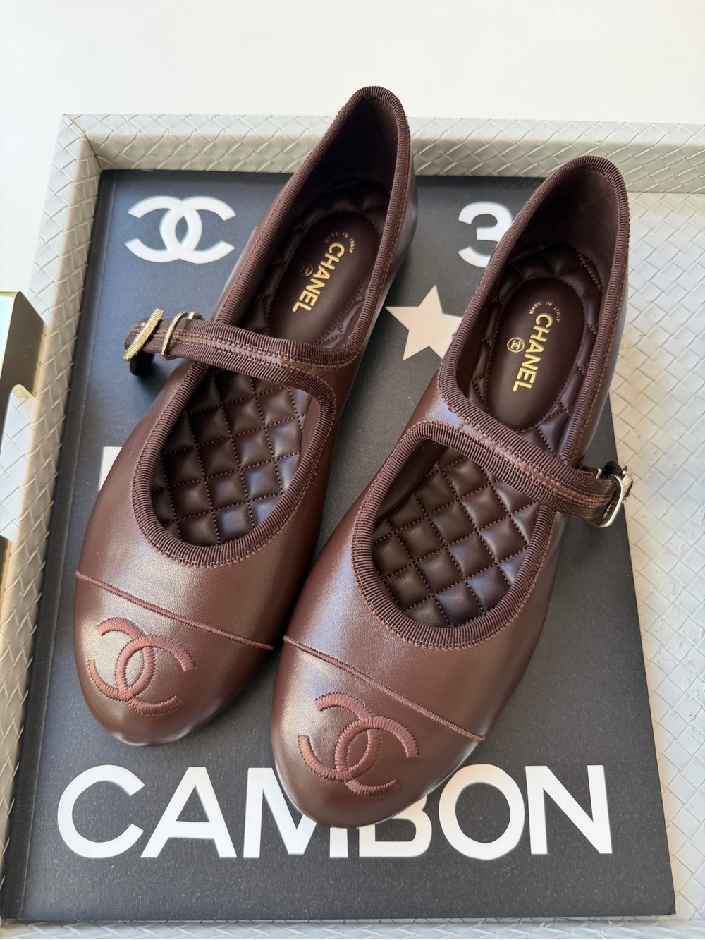 CHANEL CC LOGO BROWN MARRON FONCE LEATHER MARYJANE BALLET FLATS SHOES GHW 40.5C - Picture 8 of 13
